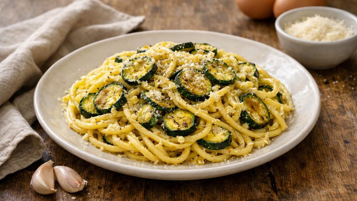 Un piatto di pasta zucchine e uova