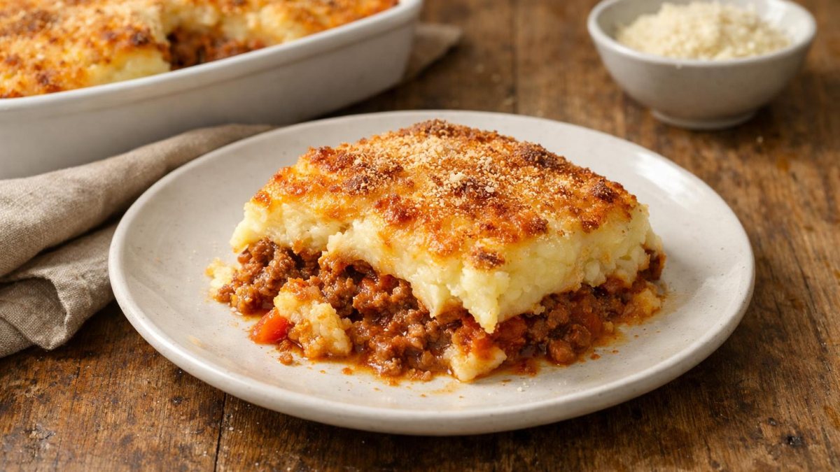 Un piatto di pasticcio di patate e carne macinata