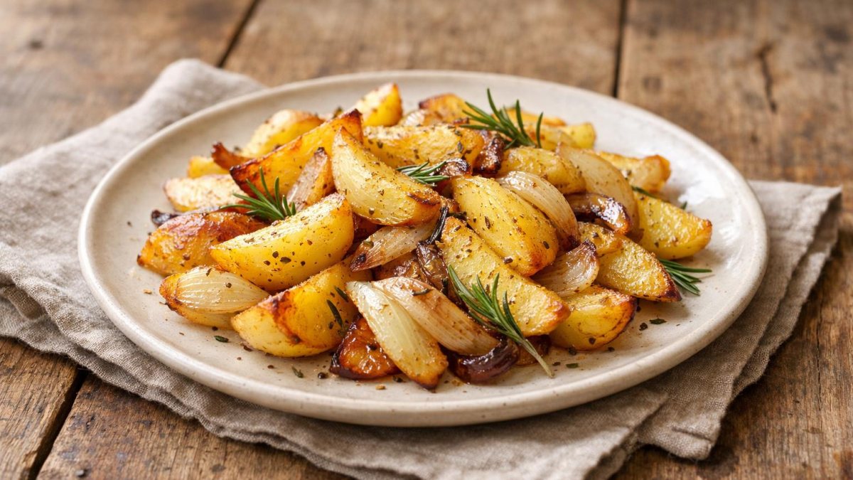 Un piatto di patate al forno con cipolle