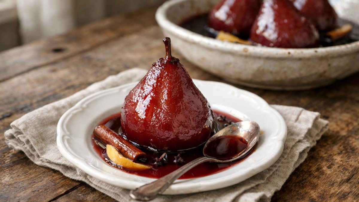 Un piatto di pere cotte al vino rosso