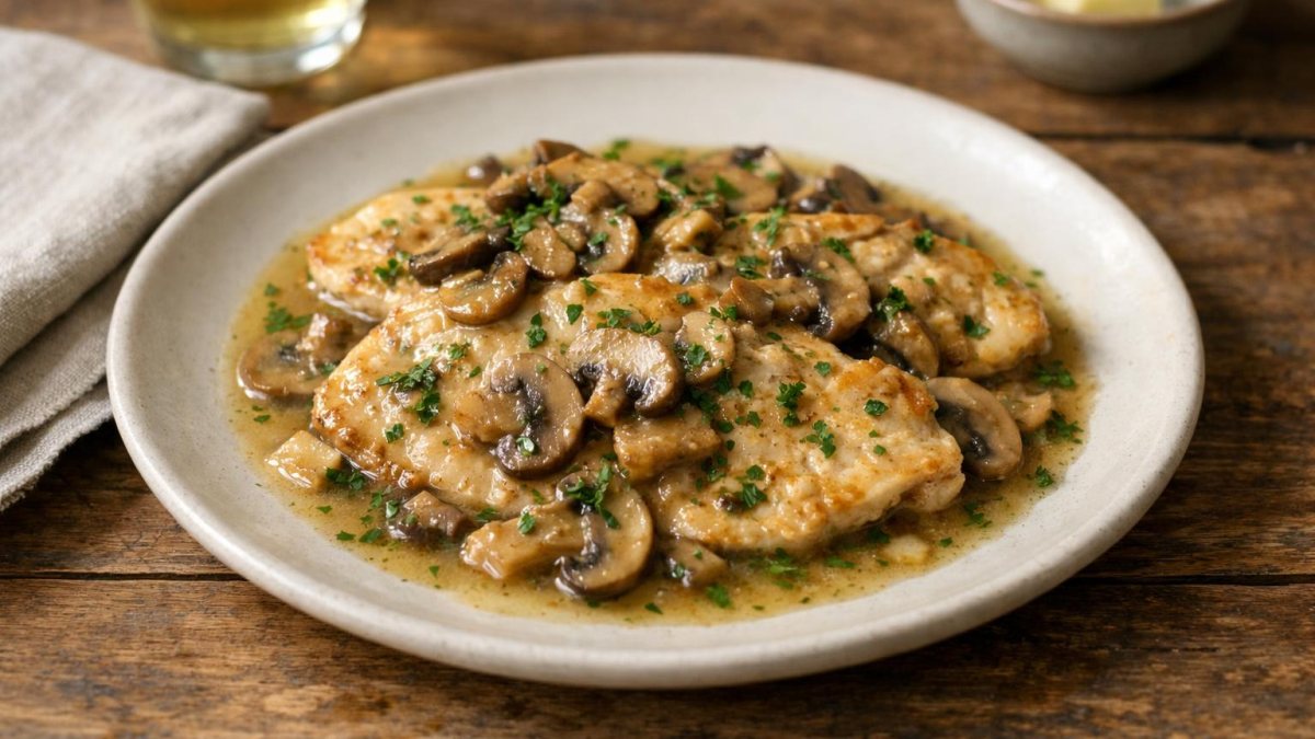 Un piatto di petto di pollo ai funghi