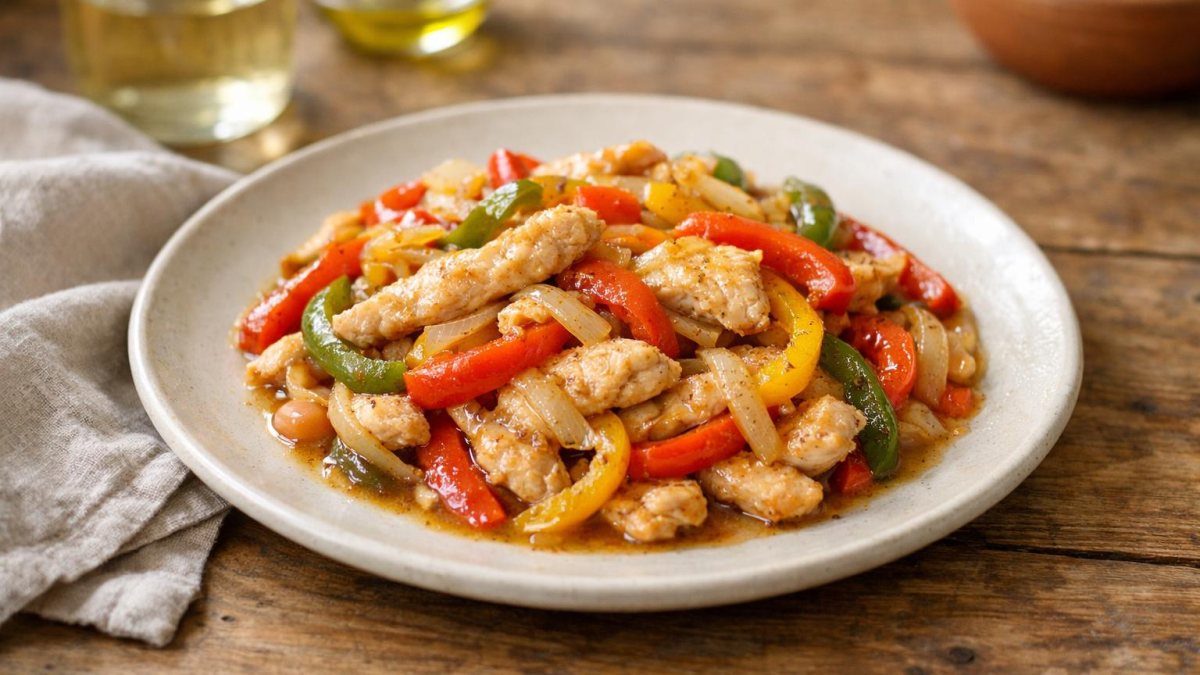 Un piatto di petto di pollo con peperoni in padella