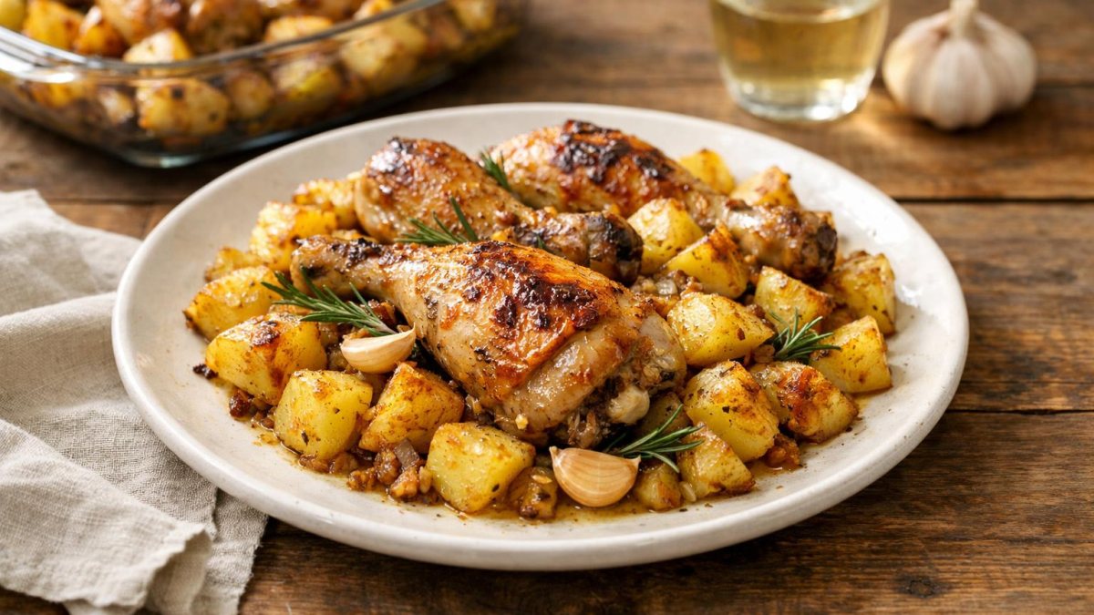 Un piatto di pollo al forno con patate