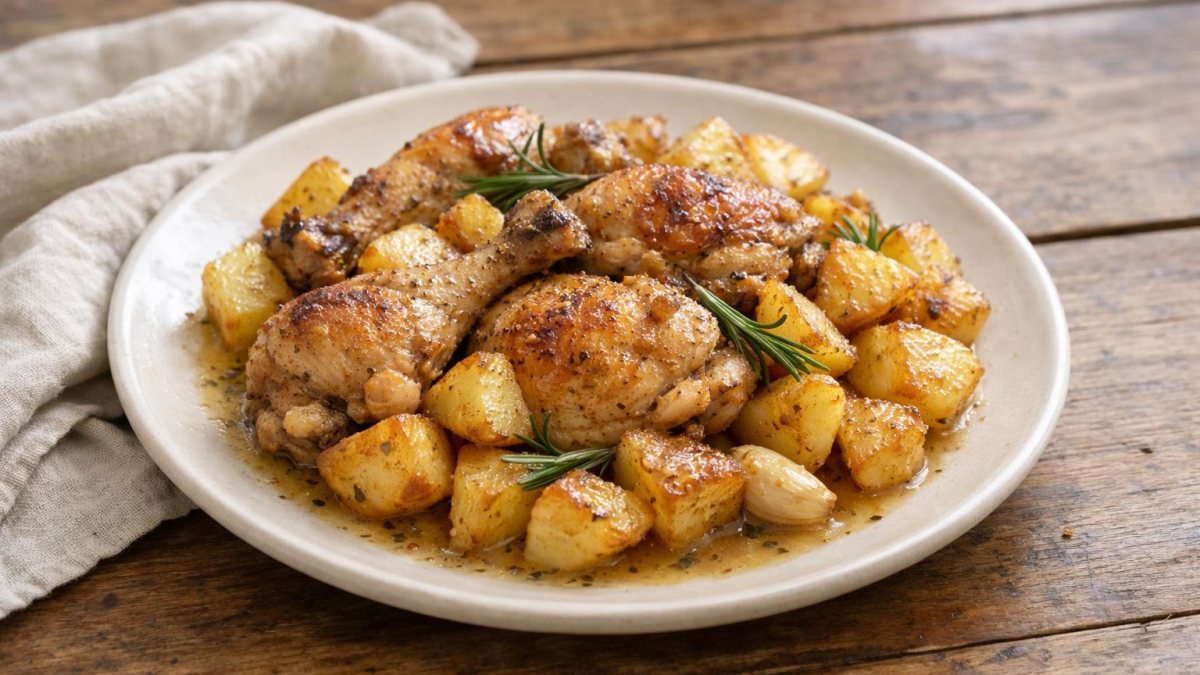 Un piatto di pollo con le patate in padella