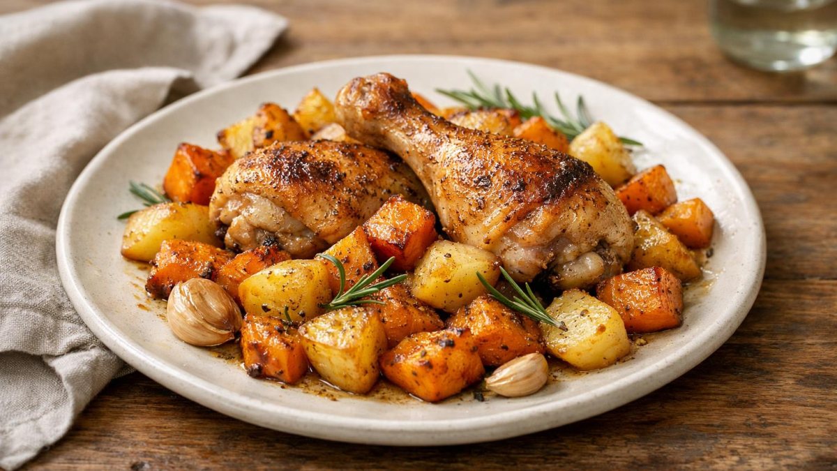 Un piatto di pollo con zucca e patate al forno
