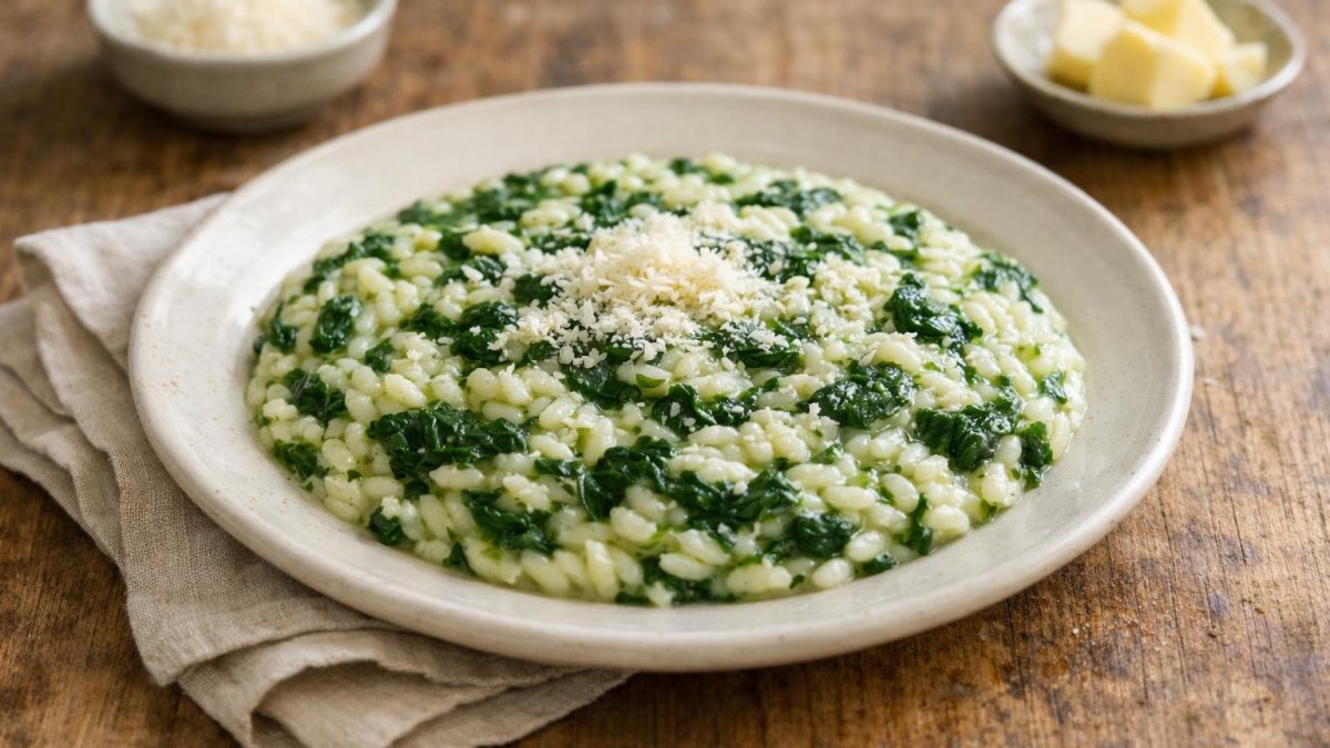 Un piatto di risotto agli spinaci