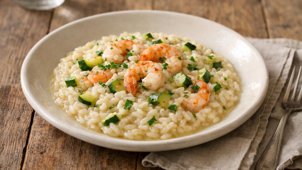 Un piatto di risotto con gamberi e zucchine