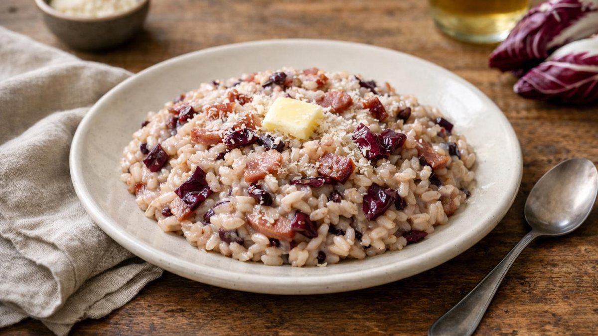 Un piatto di risotto radicchio e speck
