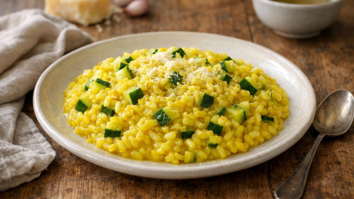 Un piatto di risotto zucchine e zafferano