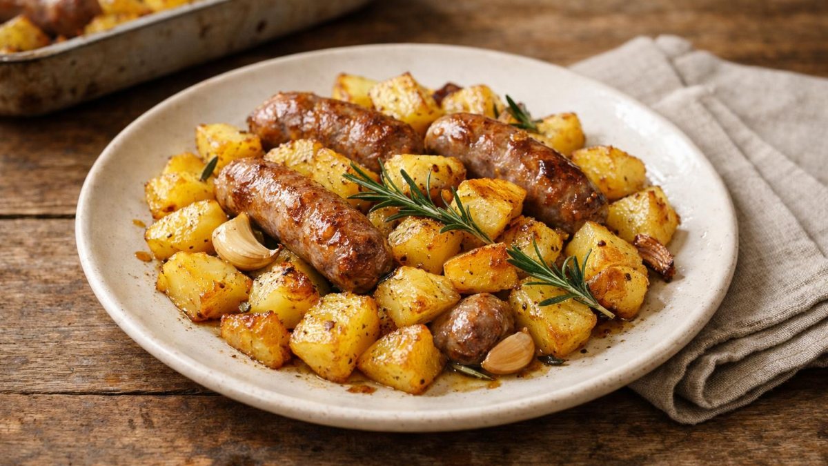 Un piatto di salsicce con patate al forno