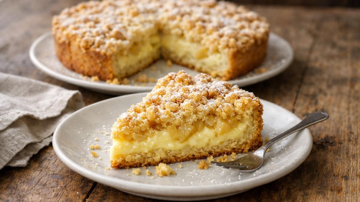 Un piatto di sbriciolata con crema e mele