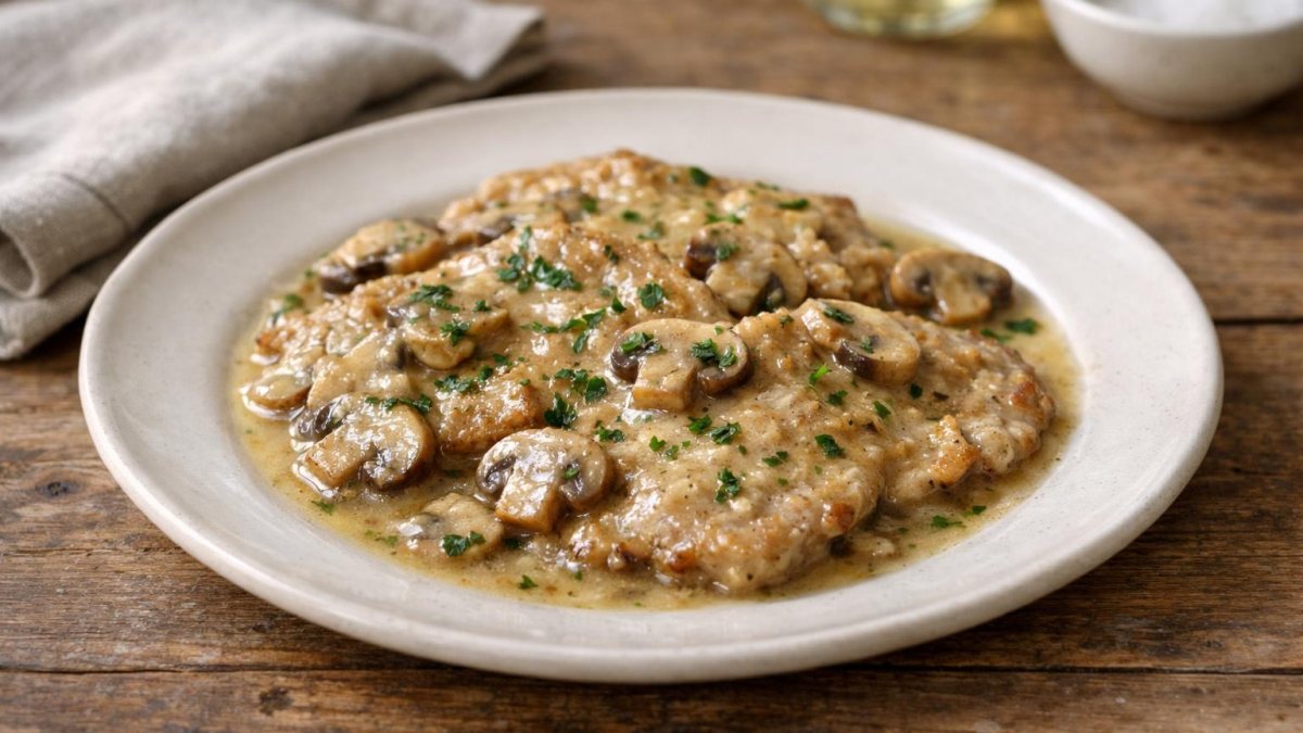 Un piatto di scaloppine ai funghi