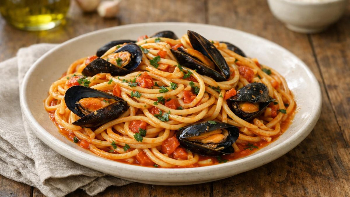 Un piatto di spaghetti con le cozze