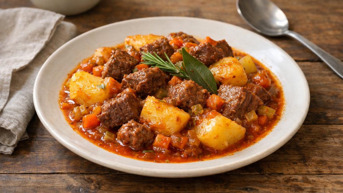 Un piatto di spezzatino con patate