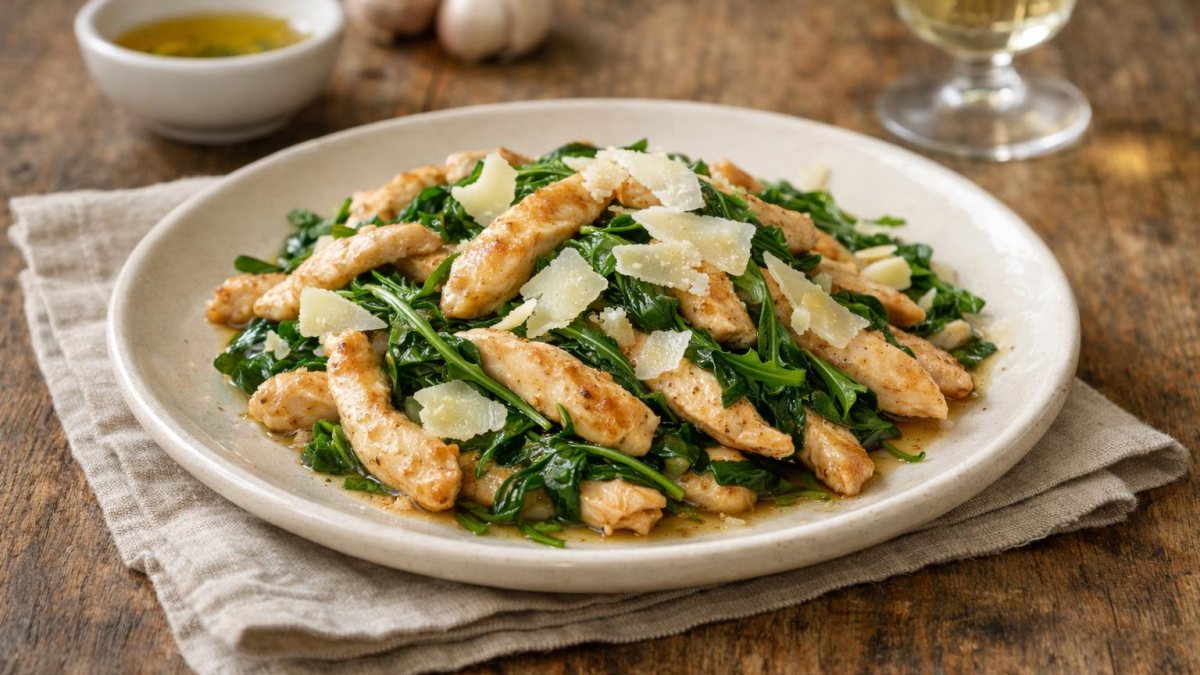 Un piatto di straccetti di pollo con rucola e grana