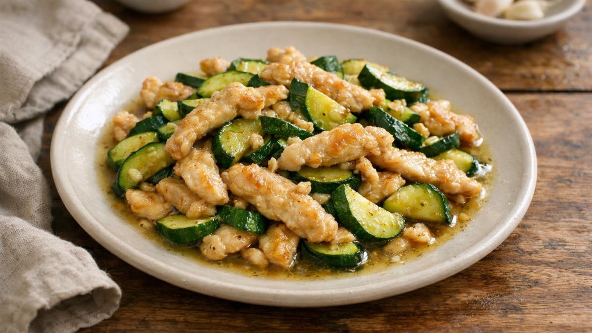 Un piatto di straccetti di pollo con zucchine