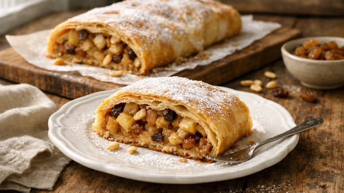 Un piatto di strudel di mele