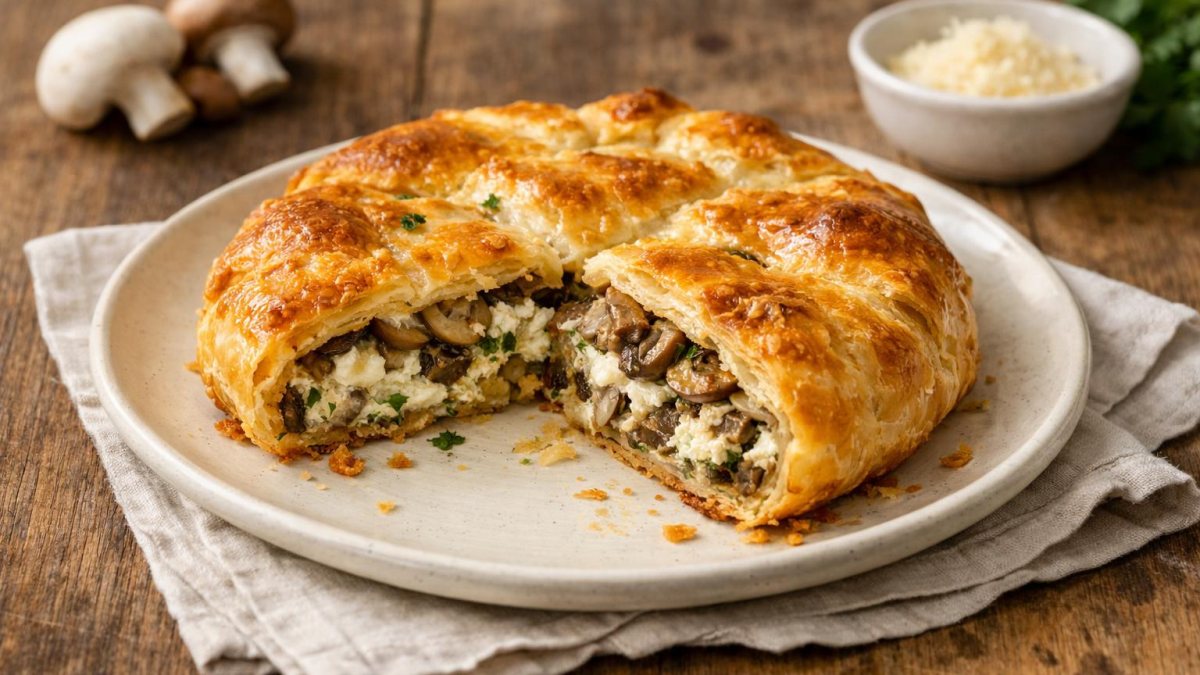 Un piatto di torta salata ai funghi