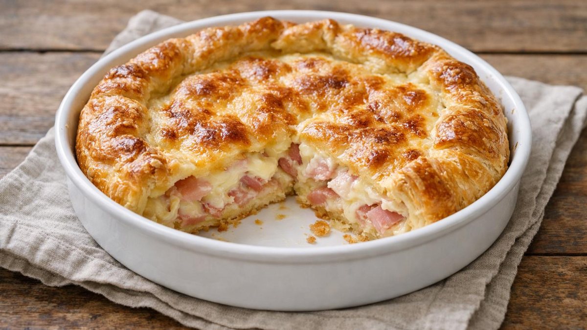 Un piatto di torta salata prosciutto cotto e mozzarella