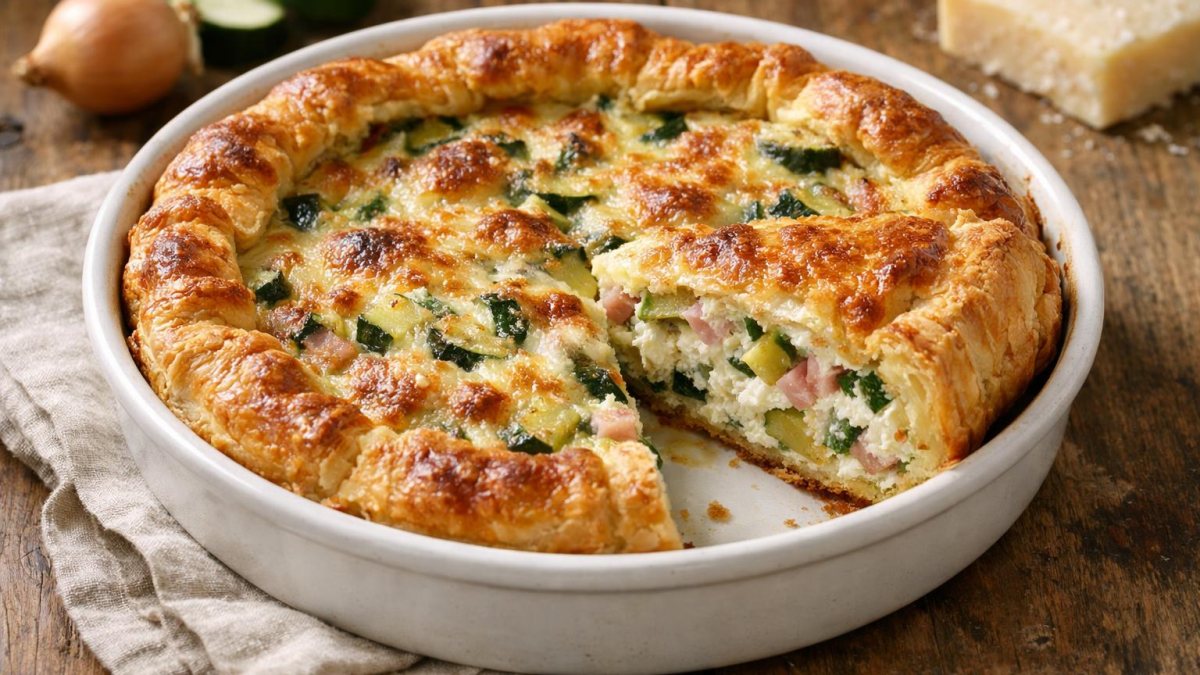 Un piatto di torta salata zucchine e prosciutto