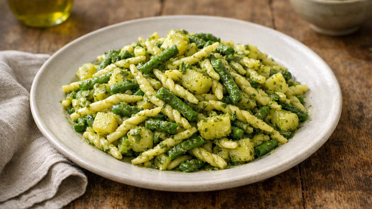 Un piatto di trofie con patate e fagiolini al pesto