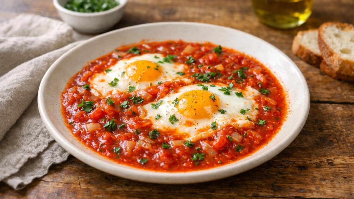 Un piatto di uova al pomodoro