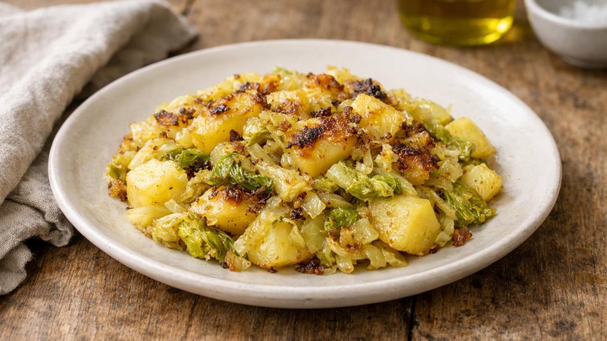Un piatto di verza e patate in padella