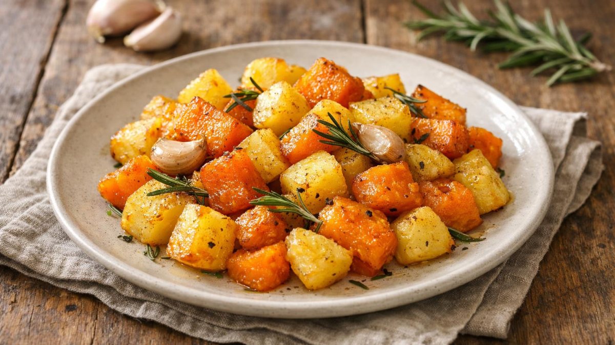 Un piatto di zucca e patate al forno