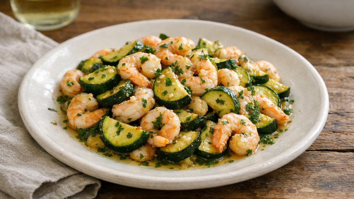 Un piatto di zucchine e gamberetti in padella