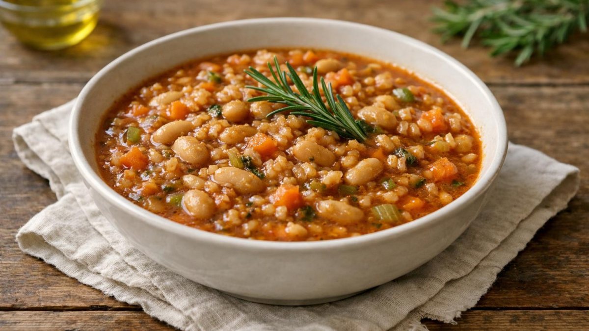 Un piatto di zuppa di farro e fagioli